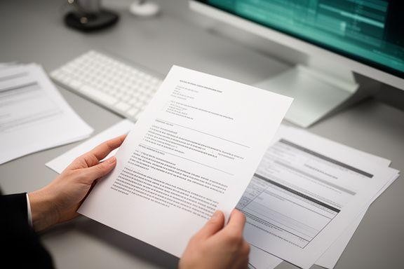 Giurista che esamina una stampa digitale e note sul copyright in un ufficio moderno