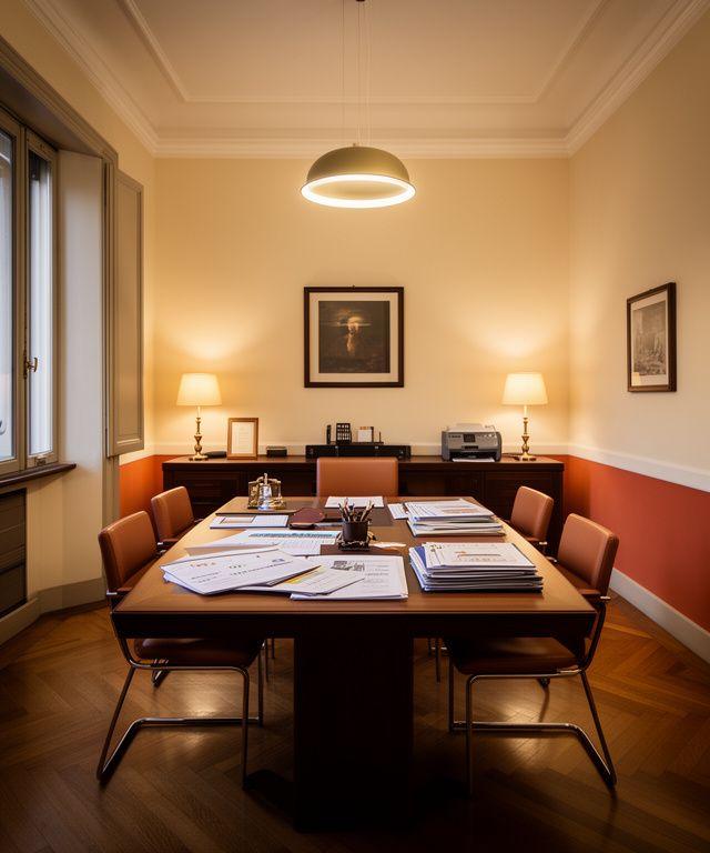 Studio legale a Roma con tavolo riunioni, luci calde e documenti di consulenza musicale