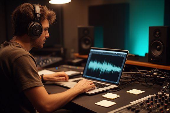 Produttore musicale al banco di lavoro con cuffie, laptop e appunti sui campionamenti