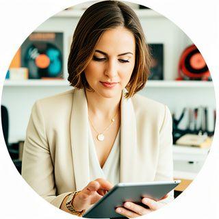 Avv. Elena Conti con tablet e note di produzione in uno studio luminoso