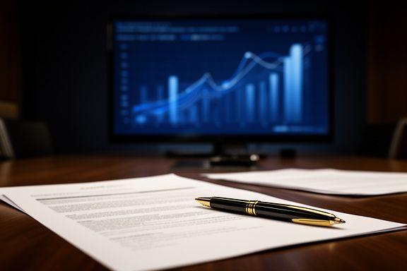 Tavolo di negoziazione con contratto discografico, penna e monitor che mostra dati di streaming